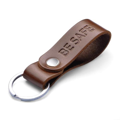 Image of MAGOR Handmade Full Grain Leather Keyring Personalised Keychain for Men Women Car Keys Gift for Him Her Dad Husband Premium Hot Embossed Brown Leather Loop in Gift Box (BE SAFE)