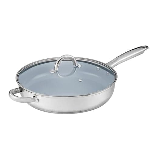 Image of Cooks Professional 30cm Stainless Steel Sauté Pan with Long Handle, 4.5L Capacity, Non-Stick Ceramic Interior & Glass Lid | Dishwasher & Oven Safe Cooking Pan Pot | Suitable for All Hobs