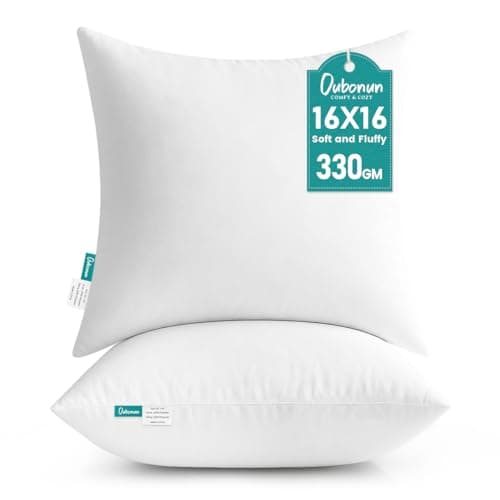 Image of Oubonun Cushion Inserts 40x40cm (Pack of 2) – Soft & Plush Hollowfibre Square Cushion Pads for Sofa or Bed, Machine Washable – White (16x16 Inch)