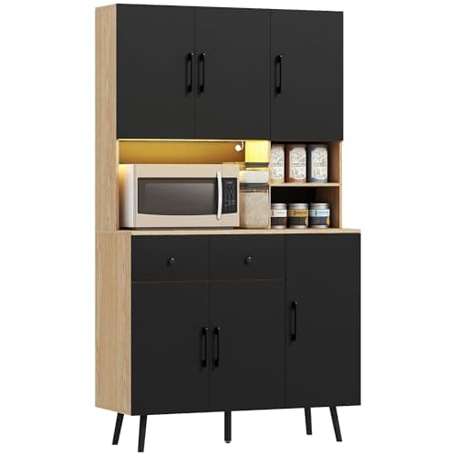 Image of HOMCOM 176 cm Tall Kitchen Cupboard with RGB LED Lights, Freestanding 6-Door Kitchen Storage Cabinet with 2 Drawers, Adjustable Shelves, Open Countertop and Cable Hole, Oak and Black