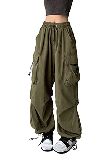 Image of FDKLOOK Womens Army Green Baggy Cargo Pants Elastic Waist Drawstring Parachute Pant Multiple Pockets Y2k Bottom M