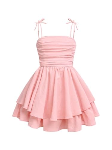 Image of GORGLITTER Girl's Summer Party Prom Dresses Bow Shoulder Ruched Flared Tiered Ruffle Midi Cami Dress Age 8-12 Years Pink 10Y