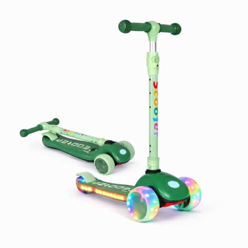 Image of Scale Sports Scooter for Kids Ages 4–7 with Music & LED Light Up Wheels, 3 Wheel Foldable Lean-to-Steer Scooter, Adjustable Height Toddler Scooter for Boys & Girls Green