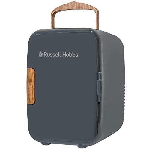 Image of Russell Hobbs RH4CLR1001SCG 4L/6 Can Mini Portable Cooler & Warmer for Drinks, Cosmetics/Makeup/Skincare, AC/DC Power, Scandi Style, Grey & Wood Effect, For Bedroom, Home, Caravan, Car