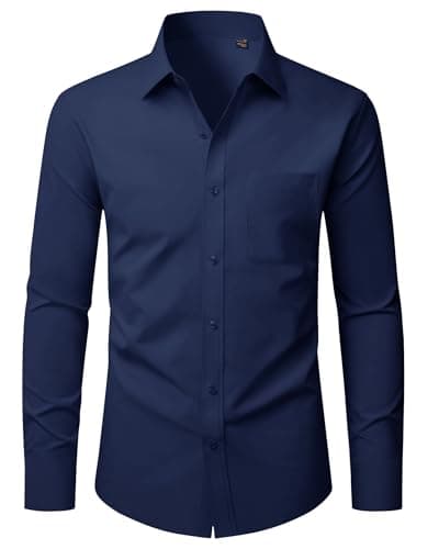 Image of Alimens & Gentle Dress Shirts for Men Adult Long Sleeve Slim Fit Stretch Formal Casual Button Down Navy Blue Shirts with Pocket L