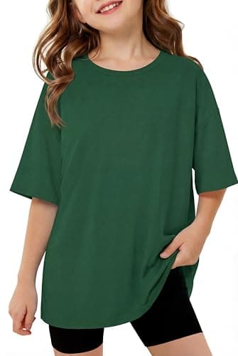 Image of Arshiner Girls' Tee Shirt Crew Neck Oversized Tshirt Slit Hem School Sports Tops Kids' Summer Lightweight Solid Shirts Basic Tee for Girls Green 9-10 Years