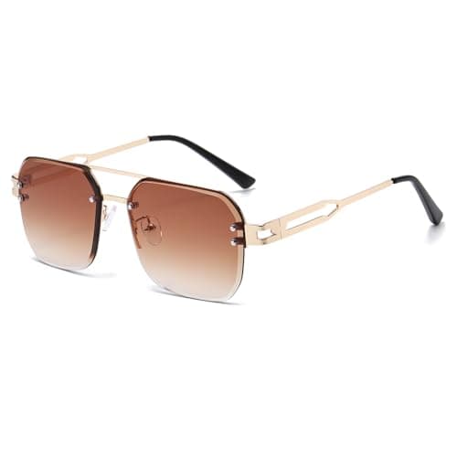 Image of Long Keeper Pilot Sunglasses for Men Women Rimless Square Sunglasses Double Bridge Metal Tinted Sun Glasses UV400 Protection Aviation Vintage Shades (Gold Frame - Gradient Brown Lens)