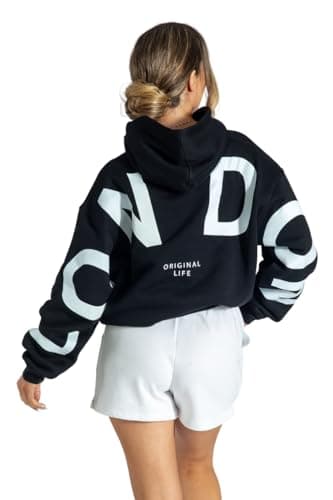 Image of Lang Horn London Hoodies for Women UK Oversized Sweatshirts Letter Print Pullover Hoodie Women With Pocket and Drawstring 3XL Black