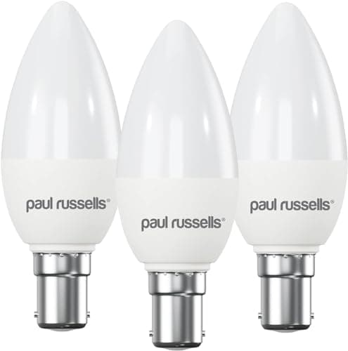 Image of paul russells LED Light Small Bayonet Cap B15, 40watt Equivalent, 4.9W 470LM LED Bulbs, 6500K Bright Daylight, Frosted C35 SBC Candle Energy Saving Non-Dimmable Chandelier Lightbulbs, 3 Pack