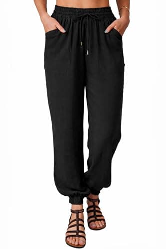 Image of Nuofengkudu Womens Baggy Cuffed Harem Pants with Pockets Drawstring Hippie Ankle Tapered Comy Plain Trousers Genie Pantaloons Summer Lounge Wear Yoga Solid Work Bottoms Casual Pyjamas-Black-M