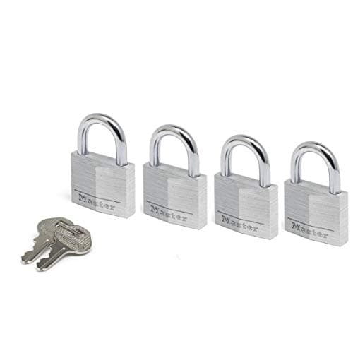 Image of Master Lock 9140EURQNOP Pack of 4 Key Padlocks in Aluminium, Grey, 4 x 5.9 x 1.3 cm, Multi
