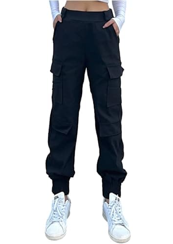 Image of Nuofengkudu Cuffed Cargo Trousers for Women UK Elasticated High Waisted 4 Pockets Comfy Teen Girls Harem Joggers Pants Pull On Stretchy Ladies Work Combat Bottoms Vintage Casual Streetwear Black S