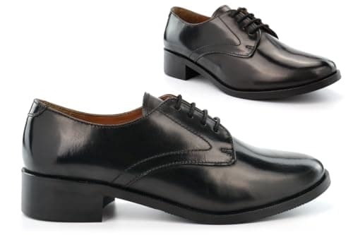 Image of Generic Women's Cadet Shoes - Black, Size 5 UK - Real Leather Upper & Sole - Block Heel - Oxford - School & Work - Ladies & Girls