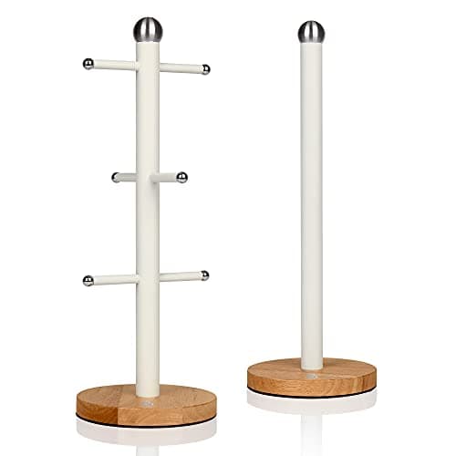 Image of Swan Nordic White Kitchen Accessory Set with Mug Tree and Towel Pole, Bamboo Bases, Easy Storage, Soft Matte Finish, STP1012WHTN
