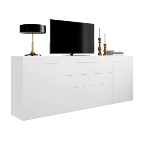 Image of Panana Living Room Large Sideboard Cabinet High Gloss Front and Top Chest of Drawers 2 Door 2 Drawer 2 Flap Storage Cupboard W200xD35xH72cm (White)