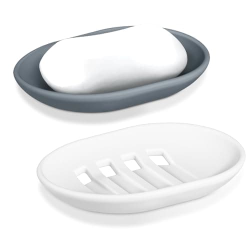 Image of Silicone Soap Dishes, 2pcs Soap Dish with Drainage, Non‑Slip and Portable Soap Tray, Bar Soap Holder for Shower, Bathroom, Kitchen - Grey & White