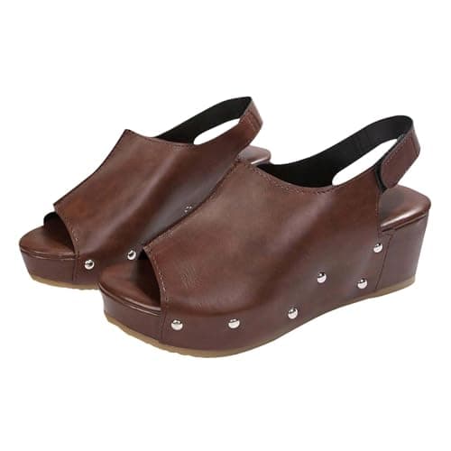Image of Momolaa Size 7 Wedge Sandals for Women Platform Sandals Sling Back Slingback Wedges Heels Summer Shoes Lightweight Comfortable Ankle Strap Wedge Sandal for Women Casual Dressy Brown Sandles