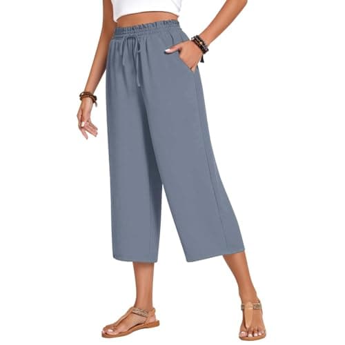 Image of Summer Trousers for Women UK Wide Leg Linen Trousers Elasticated Waist Lightweight Cotton Linen Capri Pants with Pockets 3/4 Length Cropped Pants Palazzo Cotton Culottes Holiday Beach Clothes Blue