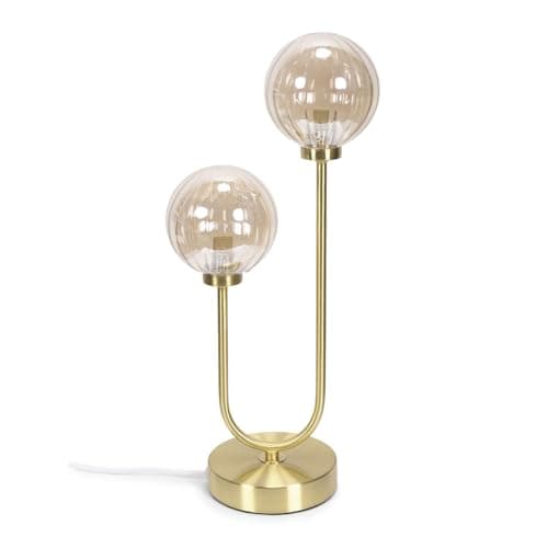 Image of ValueLights | Gold Metal Bar 2 Way Dual Table Lamp with Amber Ribbed Glass Globe Shades | Home Décor, Bedside & Desk Lamp | Includes Bulb
