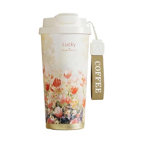 Image of Floral Vacuum Insulated Mug - 17oz Stainless Steel Travel Cup with Ceramic Liner, Leakproof Keeps Hot/Cold 12Hrs for Office Camping, Car Cup Holder Compatible (Style F 500ml/17oz)