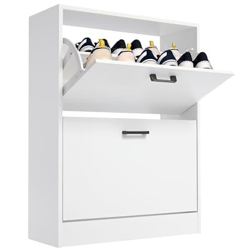 Image of Blisswood 2 Drawer Shoe Cabinet, Wooden Shoe Storage Organiser Cupboard Unit Hallway Furniture, Narrow 2 tier Modern Entryway Shoe Rack Cabinet Footwear Stand for Shoes (White)