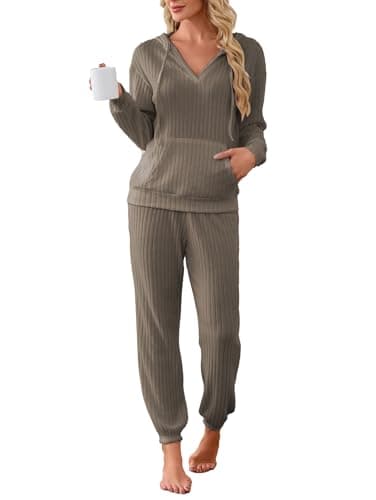 Image of Famulily Casual 2 Piece Lounge Set Womens Ribbed V Neck Hoodies and Jogging Bottoms, Ladies Tracksuits Soft Leisure Suits Long Sleeve Pyjamas Nightwear (L, Coffee)