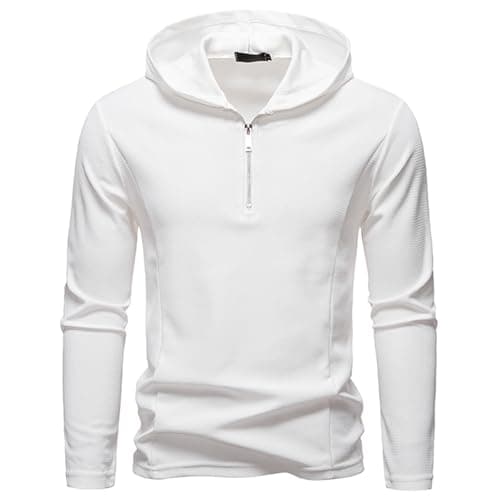 Image of MakingDa Quarter Zip Hoodie Men Waffle Long Sleeve Summer Light Thin Plain Casual Running Sports Half Zip Hooded Jumper Tops for Golf Gym Fishing-White-S