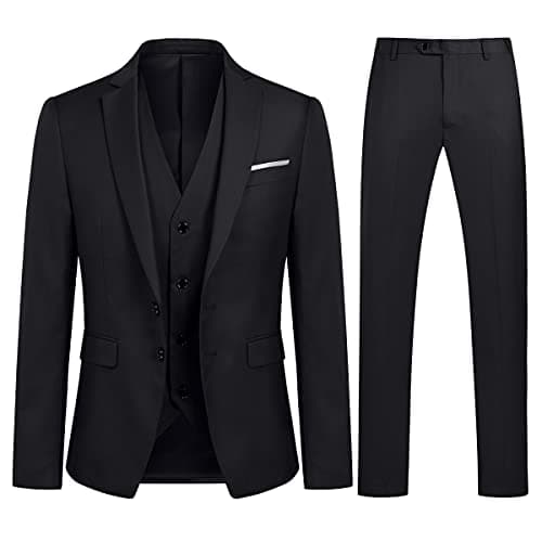 Image of YOUTHUP Mens Slim Fit 3 Piece Suit 2 Button Business Wedding Suits Tuxedo Blazer Waistcoat Trousers, Black, L