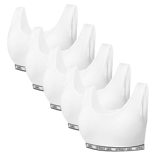 Image of MADGININE 5 Pack Crop Tops for Girls Comfortable Cotton Sports Bra Unpadded Training Bra for Age 7-12 (White)
