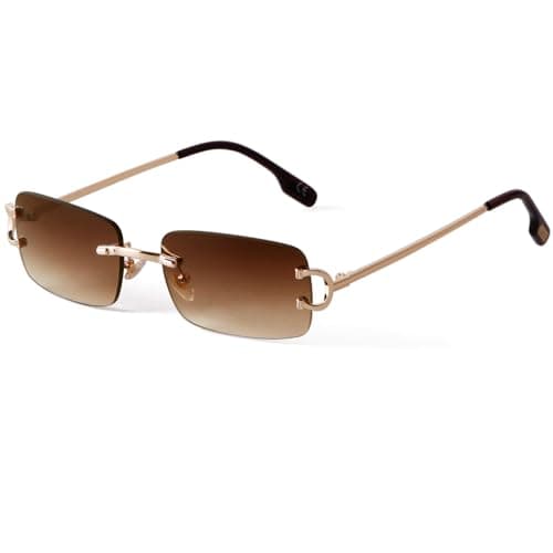 Image of Laurinny Vintage Rimless Sunglasses Retro Rectangle Sunglasses for Men Women Trendy Sun Glasses Shades 90s Eyewear(Gold/Gradient Brown)