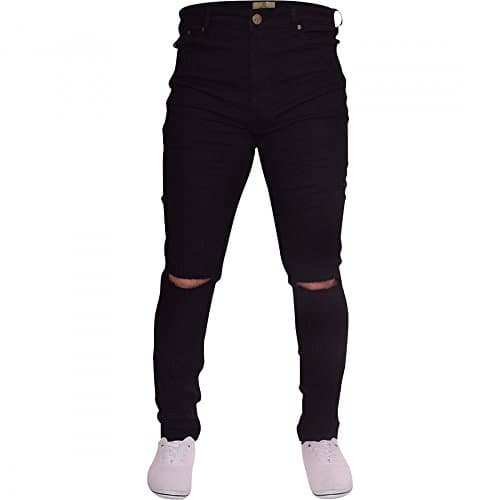 Image of Island Trading Mens Ripped Slit Knee Skinny Stretch Fit Jeans Distressed Men's Denim Waist 38 Leg 32" (38R) Black