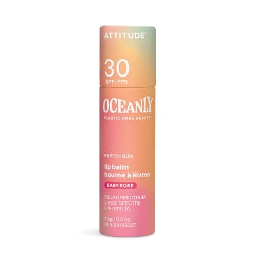 Image of ATTITUDE Oceanly Tinted Lip Balm with SPF 30, EWG Verified, Plastic-Free, Broad Spectrum UVA/UVB Protection with Zinc Oxide, Vegan, Unscented, Baby Rose, 8.5 grams