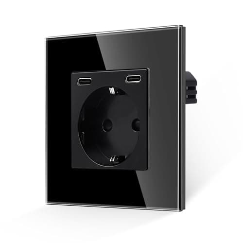 Image of JIMEIDA Glass Socket with USB C 20 W Fast Charging Black, Schuko Sockets Two Type-C Port, Flush-Mounted 86 mm, 16 Amp 250 V