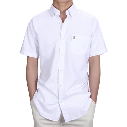 Image of Mens Short Sleeve Oxford Shirt Plain or Stripe,Classic Fit,Button Down Collar & Pocket. Holiday Apparel Leisure Shirts. By Janeo British Apparel. Warm White Plain, XL