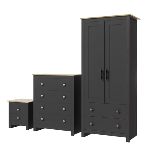 Image of Nera 3 Piece Bedroom Furniture Set Wardrobe with Drawer Chest of Drawers and Bedside Cabinet Bedroom Storage (Grey on Oak)