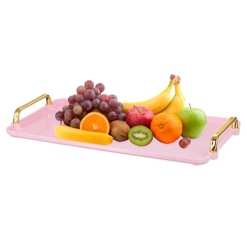 Image of sourcing map Plastic Serving Tray with Golden Handle, 16 x 8.7" Modern Rectangular Decorative Tray Acrylic Reusable Tea Platter for Countertop Bathroom Kitchen Home Restaurant, Pink