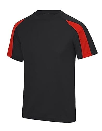 Image of Mens Short Sleeve T Shirts Lightweight Quick Dry Moisture Wicking Polyester Tee - Jet Black Fire Red 2XL