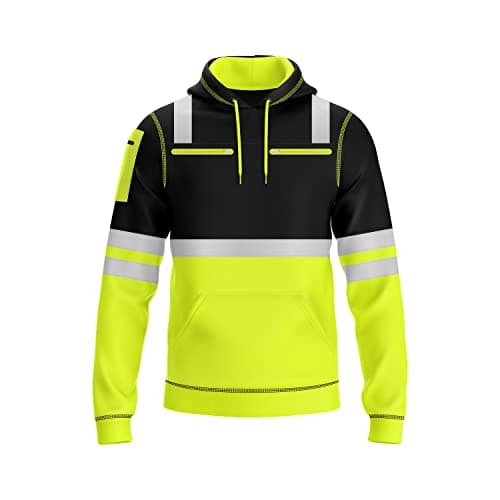 Image of Mymixtrendz Mens Hi Vis Pullover Multi Zipped Pockets Hoodie Safety Work Reflective Tape High Viz High Visibility Hoodie Sweatshirt Yellow Black, XL