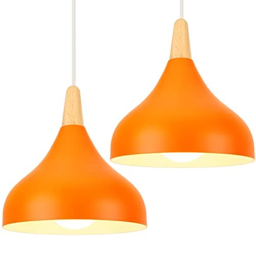 Image of iDEGU Set of 2 Retro Pendant Ceiling Lights Modern Drop Style Hat Lampshade E27 Ceiling Light Retro Light Fixture in Metal Wood Pendant Lamp for Bedroom, Dining Room, Kitchen, Φ 20 cm (Orange)