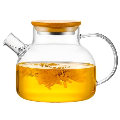 Image of PARACITY Tea Pot 600ML, Borosilicate Teapot with Bamboo Lid, Glass Teapot with Removable Filter Spout, Teapot with Infuser Blooming and Loose Leaf Tea Maker, Glass Teapots with Infuser for Camping