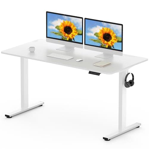 Image of FLEXISPOT 140 x 80cm Electric Standing Desk ONE PIECE Height Adjustable Desk Sit Stand Desk with 4 Memory Smart Panel and Backpack Hook for Home Office, (White Frame+White Desktop)
