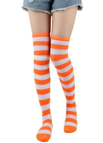 Image of MSEVNRY Women's Cotton Striped Thigh High Stockings - Elastic Long Over Knee Socks for Casual Wear, Halloween & Christmas Orange/White Wide Striples