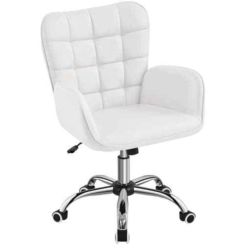 Image of Yaheetech Faux Leather Office Chair Ergonomic Makeup Chair Modern Mid-back Vanity Chair w/Wide Seat, Padded Armrests for Living Room, Bedroom White