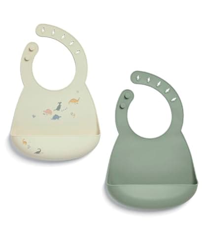 Image of Mamas & Papas 2-Pack Waterproof Silicone Baby Bibs, Adjustable BPA-Free Feeding Bibs with Large Pocket for Food Catching, Ideal for Weaning for 6-18 Months - Dino Teal