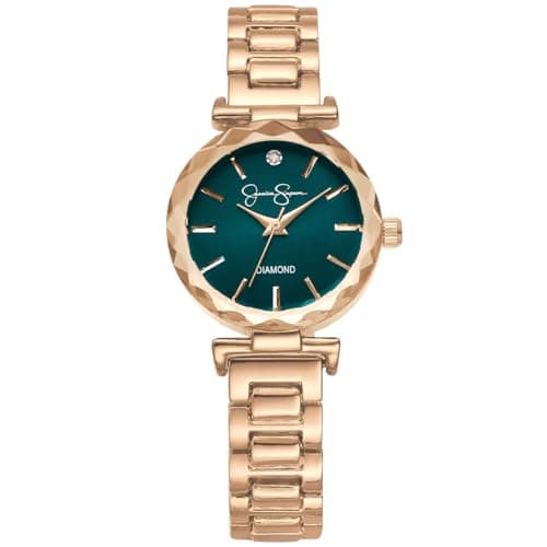 Image of Jessica Simpson Diamond Collection Women's Watch, Classic Quartz, Metal Band, Round Faceted Crystal Face, Elegant Dress Watch for Women, Rose Gold/Teal, 27