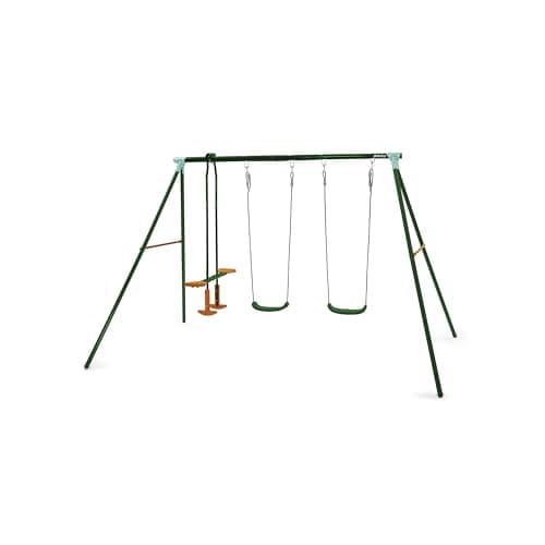 Image of Plum Play Jupiter Double Swing and 2 Seater Glider Garden Play Set - Triple Station Outdoor Swing for up 4 Children - Max weight 200kg - 3-10 Years (Green)