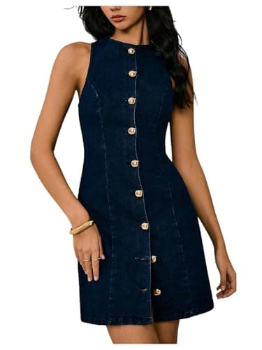Image of GORGLITTER Elegant Denim Dresses for Women Button Front Crewneck Bow Back Bodycon Jeans Mini Tank Dress Old Money Outfits Dark Wash Small