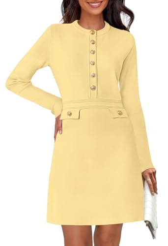 Image of MEROKEETY Women's Fall 2026 Long Sleeve Bodycon Sweater Dress Button Crew Neck Winter Formal Mini Dresses, Light Yellow, XL