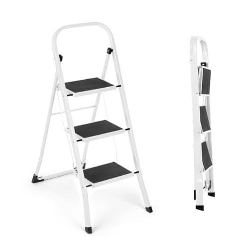 Image of 3 Step Ladder | Portable Folding Ladders | Lightweight Sturdy Steel Ladder | Anti Slip Feet | Non-Slip Safety Treads | Easy to Store Step Stool | DIY Gardening Kitchen Garage | 150kg Capacity, White