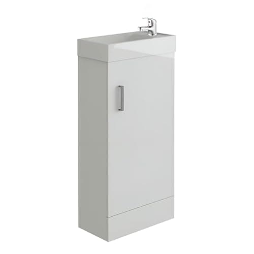 Image of VeeBath Mini Cloakroom Vanity Unit and Basin with Mono Basin Mixer Tap and Waste, Compact Square Design, Space-Saving Bathroom Furniture Set, Gloss White Finish, (H84.3 x W40.1 x D22.2cm)